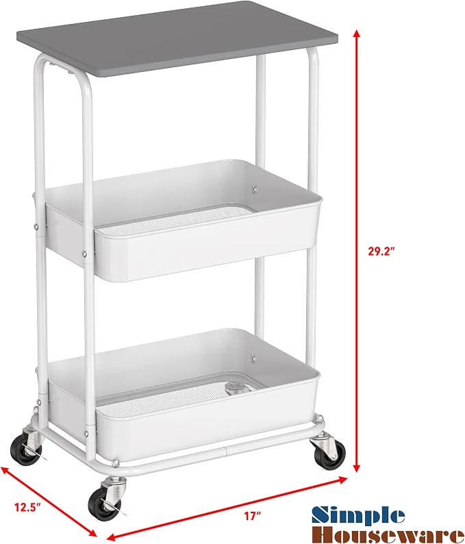 Simple Houseware 2-Tier Rolling Utility Cart Wood Top/Lockable Wheel, Gray | Metal Storage Organizer Trolley for Kitchen, Bathroom, Office, Craft Room