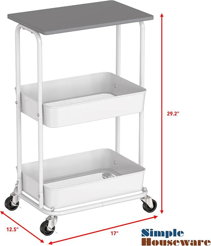 Simple Houseware 2-Tier Rolling Utility Cart Wood Top/Lockable Wheel, Gray | Metal Storage Organizer Trolley for Kitchen, Bathroom, Office, Craft Room