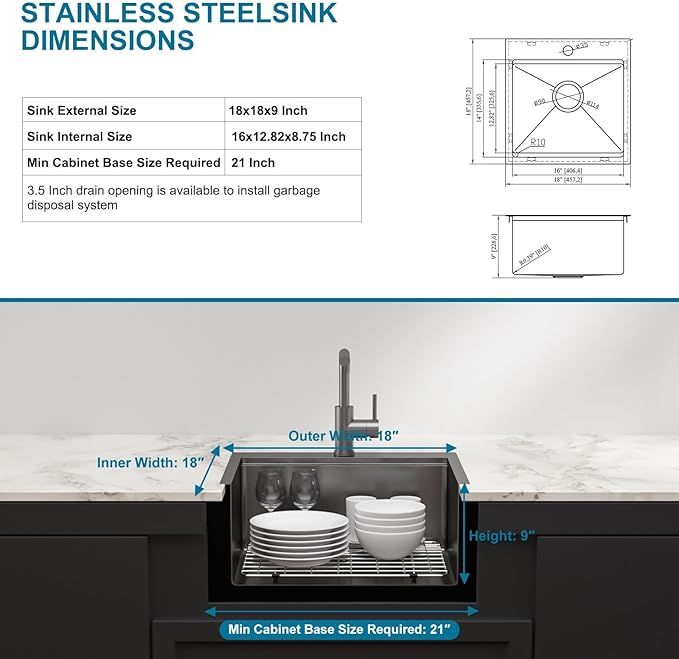 18 Inch Black Drop In Bar Sink Outdoor Kitchen Sink Nano PVD Gunmetal Black Ledge Workstation 16 Gauge Stainless Steel Single Bowl Small Sinks with Pull-out Faucet 18"x18"x9"