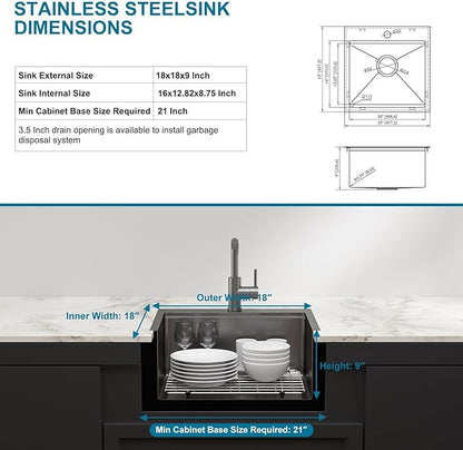 18 Inch Black Drop In Bar Sink Outdoor Kitchen Sink Nano PVD Gunmetal Black Ledge Workstation 16 Gauge Stainless Steel Single Bowl Small Sinks with Pull-out Faucet 18"x18"x9"