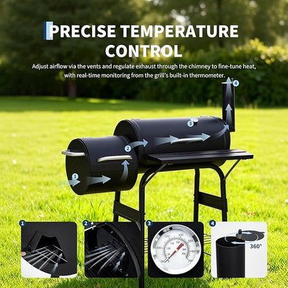 PeakPursuit Barrel Charcoal Grill with Offset Smoker, Portable Outdoor Barbecue Grills with Wheels, BBQ Grill and Smokers Combo for Backyard Patio Party Camping
