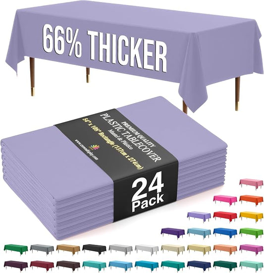 Exquisite 66% Thicker Premium Plastic Table Cloth Rectangle Table Cover 0.5 Mil 24 Pack Lavender Table Cloth 54 Inch x 108 Inch Disposable Tablecloth Won't Tear Easily Like Cheap Thin Brands
