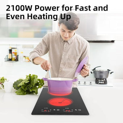 Electric Cooktop 2 Burners 2100W, 110v-120v Electric Stove Top 12 inch, Countertop & Built-in Cooktop, 20 Temperature 9 Power Levels, Child Lock, Timer, Over-Heat Protection