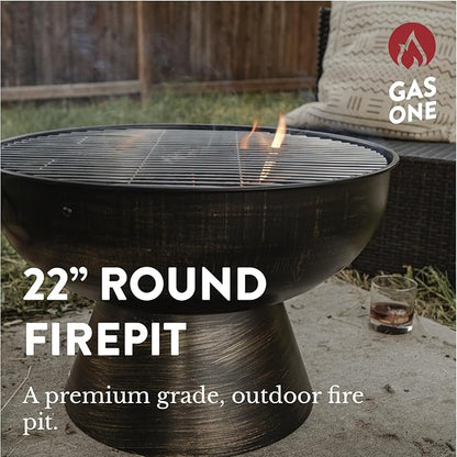 GasOne 22 in Round Outdoor Fire Pit - Wood Burning With Mesh Lid and Fire Picker - Durable Alloy Steel for Outside - Small for Backyard, Porch, Deck, Camping, BBQ