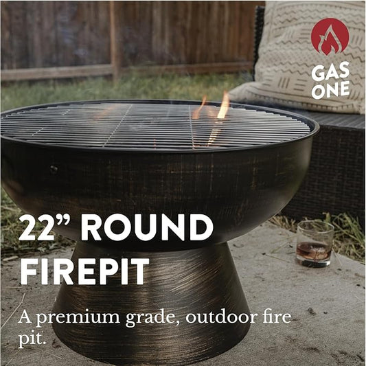 GasOne 22 in Round Outdoor Fire Pit - Wood Burning With Mesh Lid and Fire Picker - Durable Alloy Steel for Outside - Small for Backyard, Porch, Deck, Camping, BBQ