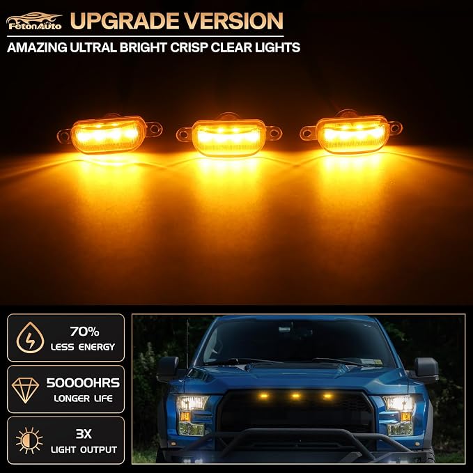 3PCS Amber LED Front Grille Lights for 2004-2019 Ford F150 Raptor Style Aftermarket Grill, with Harness and Fuse Accessories