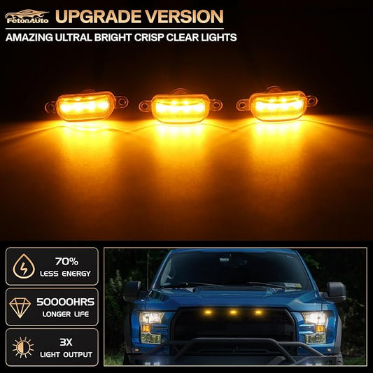 3PCS Amber LED Front Grille Lights for 2004-2019 Ford F150 Raptor Style Aftermarket Grill, with Harness and Fuse Accessories