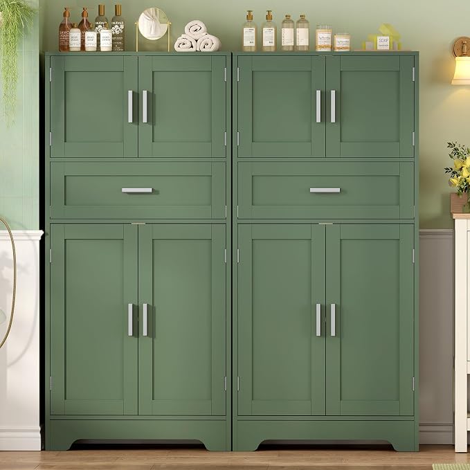 Bathroom Floor Storage Cabinet with Adjustable Shelf, Freestanding Storage Cabinet with 4 Doors, Cupboard for Living Room, Home Office, Entryway, Forest Green