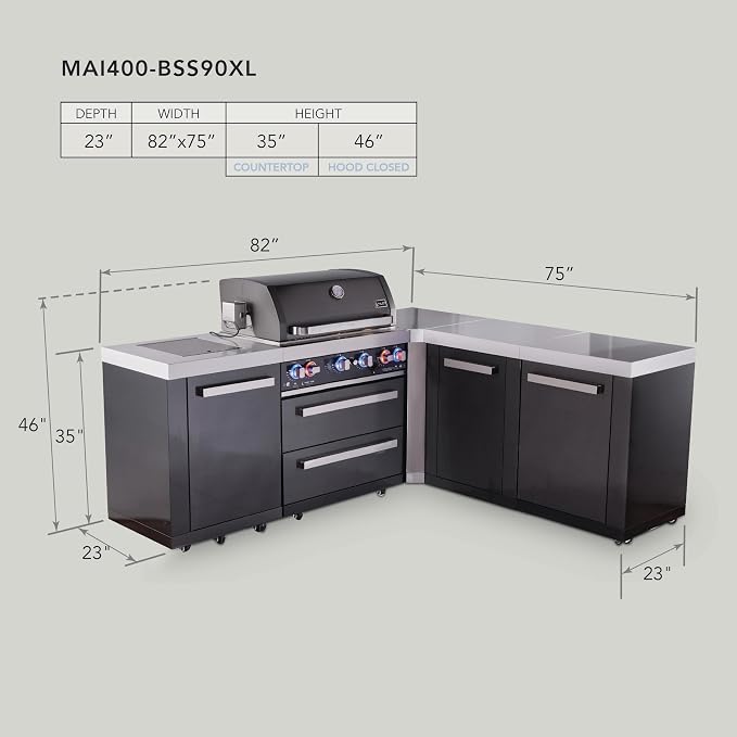 Mont Alpi 82"W x 75"D x 46"H Black Stainless Steel L-shaped Outdoor Kitchen Island with Side Burner + 44"W 6-Burner BBQ Grill + Granite Countertops + Storage + Chopping Board + Rotisserie Kit + Cover