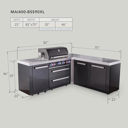 Mont Alpi 82"W x 75"D x 46"H Black Stainless Steel L-shaped Outdoor Kitchen Island with Side Burner + 44"W 6-Burner BBQ Grill + Granite Countertops + Storage + Chopping Board + Rotisserie Kit + Cover