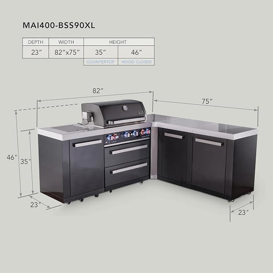 Mont Alpi 82"W x 75"D x 46"H Black Stainless Steel L-shaped Outdoor Kitchen Island with Side Burner + 44"W 6-Burner BBQ Grill + Granite Countertops + Storage + Chopping Board + Rotisserie Kit + Cover