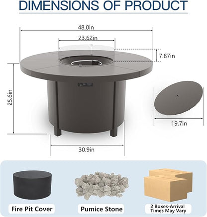 48" Round Propane Fire Pit Table,55000 BTU Round Firepit,Outdoor Fire Pit with Fire Glass,Lid,Waterproof Cover and Blue Glass Stone for Backyard,Garden,Patio