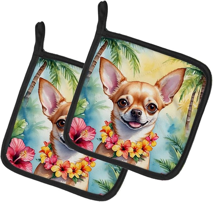 Caroline's Treasures Chihuahua Luau Pair of Pot Holders Kitchen Heat Resistant Pot Holders Sets Oven Hot Pads for Cooking Baking BBQ, 7 1/2 x 7 1/2