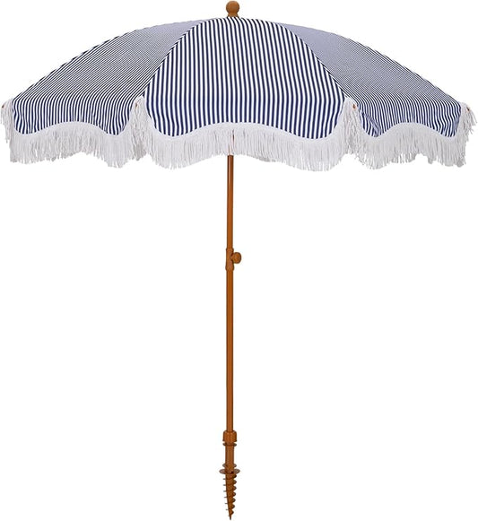 HERA'S PALACE 7 ft Heavy Duty Beach Umbrella with Sand Anchor, Fringe Umbrella for Sand, UV 50+, Patio Umbrella with Tilt Pole for Garden Pool Backyard