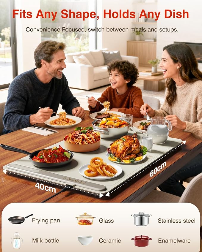 Warming Mat for Food (24"x16") - iTRUSOU 7-Level Electric Warming Tray with 400W High-Power, Timer 0–99H & Built-In Strap - Rollable Large Food Warming Mat for Parties & Buffet