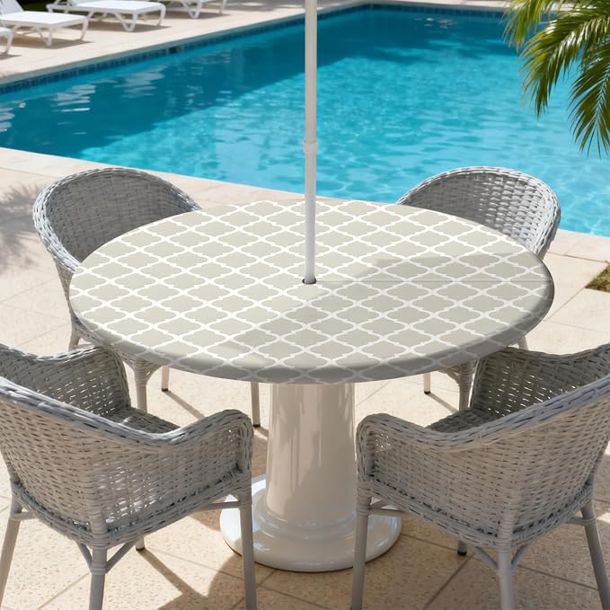 Outdoor Tablecloth with Umbrella Hole and Zipper Fits 32-36" Tables | Waterproof Round Fitted Tablecloth with Elastic Edge, Wipeable Outdoor Table Cover for Patio, Garden, Picnic