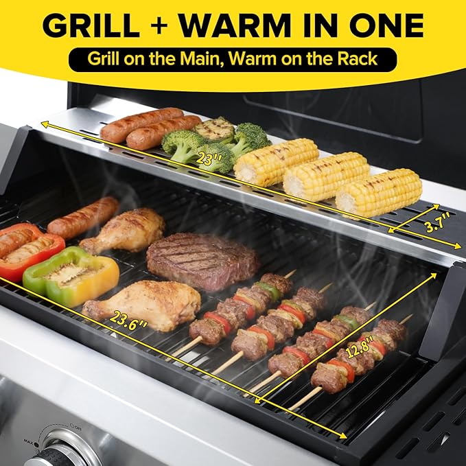4 Burner Gas Grill with Foldable Shelves, 40,000 BTU Stainless Steel Propane BBQ Grill, 387 Sq. In. Cooking Space, Portable Outdoor Grill for Patio, Backyard, Camping & Tailgating