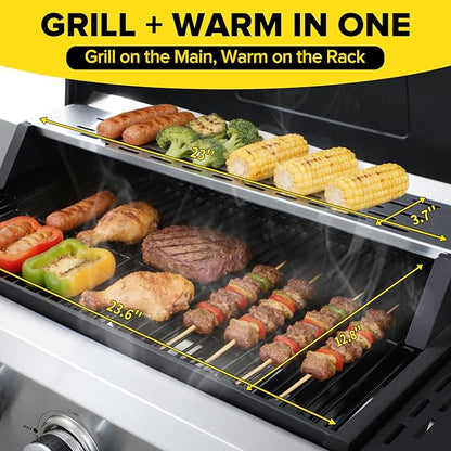 4 Burner Gas Grill with Foldable Shelves, 40,000 BTU Stainless Steel Propane BBQ Grill, 387 Sq. In. Cooking Space, Portable Outdoor Grill for Patio, Backyard, Camping & Tailgating
