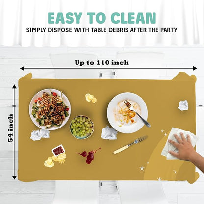 Tablecloth Roll – 54" X 110' Gold Premium Plastic Table Cloths with Cutter Box - Cut to Size - Decorative Rectangle Table Cover Smooth Tablecloth - Disposable Table Cloths for Parties, Weddings.