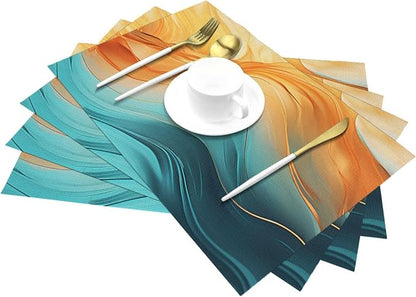 Orange Teal Marble Placemats Set of 4 Kitchen Table Mats for Dining | Washable Non-Slip Heat-Resistant Linen Place Mats Outdoor Holiday Party Home Decor 12"x18"