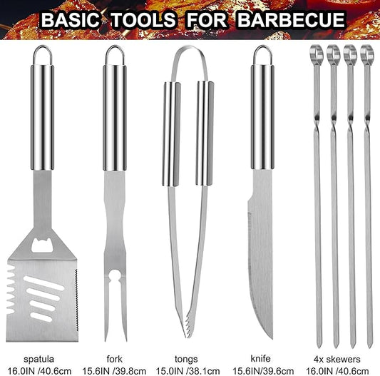 grilljoy 24PCS BBQ Grill Tools Set with Meat Thermometer and Injector - Extra Thick Stainless Steel Fork, Spatula& Tongs - Complete BBQ Accessories in - Perfect Grill Gifts for Father's Day
