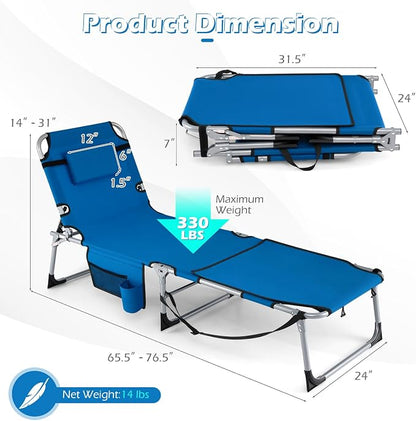 GYMAX Tanning Chair, 330LBS Beach Lounge Chair with Face Arm Hole & Hand Shoulder Strap, Folding Layout Sunbathing Chair, Face Down Outdoor Chaise Lounger for Patio, Poolside, Lawn, Backyard (1, Blue)