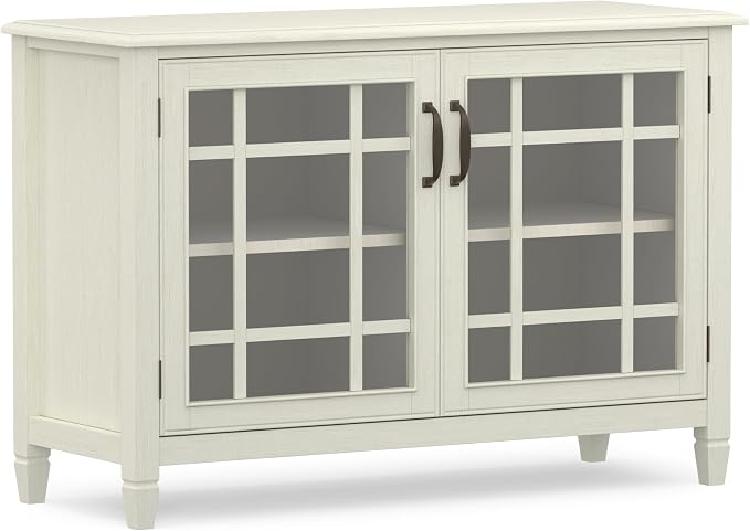 SIMPLIHOME Connaught 46" Wide Solid Wood Low Cabinet in Antique White | Traditional low console cabinet with glass doors and storage shelves for the living room, entryway or dining room.