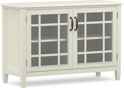SIMPLIHOME Connaught 46" Wide Solid Wood Low Cabinet in Antique White | Traditional low console cabinet with glass doors and storage shelves for the living room, entryway or dining room.