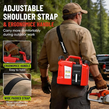 Dual-Chamber Chainsaw Fuel and Bar Oil Can, Portable 2-in-1 Refueling Container with Adjustable Shoulder Strap, Visible Level Window, Covered Tool Storage Box and Leak-Resistant Pour Spouts for Forestry Yard Farm Work