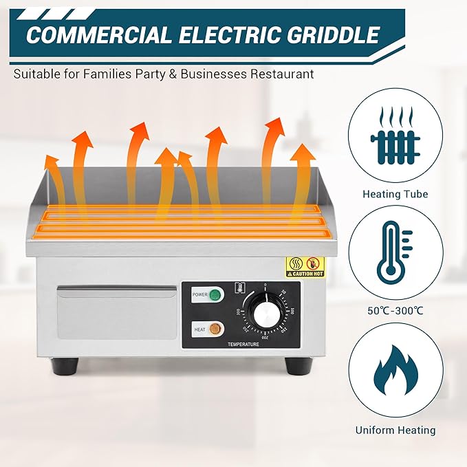 Garvee 14 in Commercial Electric Griddle,1600w Electric Restaurant Teppanyaki Flat Top Grill with Shovels & Brushes, Non-Stick Countertop Griddle, Adjustable Temperature Control