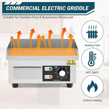 Garvee 14 in Commercial Electric Griddle,1600w Electric Restaurant Teppanyaki Flat Top Grill with Shovels & Brushes, Non-Stick Countertop Griddle, Adjustable Temperature Control