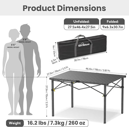 Join Nature Portable Outdoor Camping Table Large for 2-6 Person - Foldable Camp Table with Aluminum Roll-Up Top & Carry Bag for BBQ, Tailgating, Backyard, 220 Lbs Capacity, Stable & Sturdy (Black)