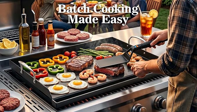 Updated 25" x 16" Cast Iron Griddle for Gas Grill, Nonstick Nanoceramic Stove Top Griddle for Gas Stove, Pre-Seasoned Flat Top Plate Insert for Outdoor Gas Grill, Camping, Tailgating, Parties