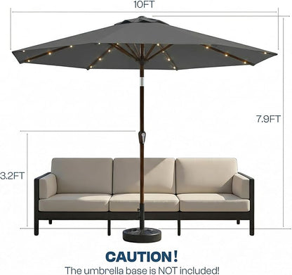 10FT Solar Patio Umbrella with Lights, Outdoor Table Market Umbrella with 32 LED Lights, 8 Sturdy Ribs, Push Button Tilt and Crank for Pool, Deck and Garden, UV-Resistant