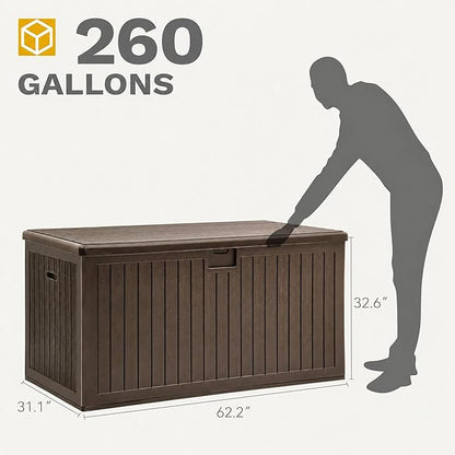 DWVO 260 Gallon Resin Outdoor Storage Box, XXL Double-Wall Waterproof Deck Box with Divider, Doubles as Table or Seating with 1000 lbs Capacity, Lockable (Brown)