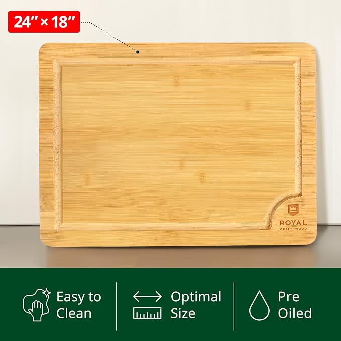 ROYAL CRAFT WOOD Bamboo Cutting Boards for Kitchen -Kitchen Chopping Board for Meat (Butcher Block) Cheese and Vegetables | Wooden Cutting Board Heavy Duty Serving Tray with Handles (XXXL, 24" x 18")