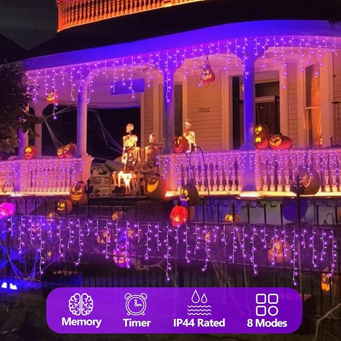 QITONG Purple Halloween Lights, 99ft 1200 LED Icicle Lights for Outside Plug in, Clear Wire String Light Indoor with 8 Modes
