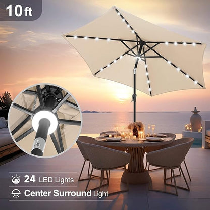 FLAME&SHADE 10ft Solar Outdoor Umbrella - 24 LED Lighted Patio Umbrella with Centre Surround Light, Table Umbrellas with Tilt & Crank for Pool, Porch, Garden, Deck, Backyard UV Protection (Beige)