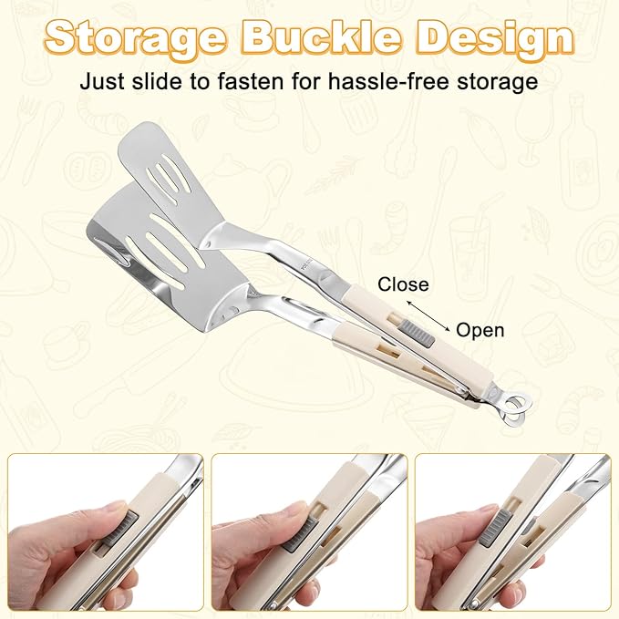 M METERXITY Spatula Tongs, 11.4 Inch 304 Stainless Steel Anti-Scald Multifunctional Flipper Grill Clamp for Cooking/Barbecue, Kitchen Cooking Tongs [White Handle, Silver Tone]