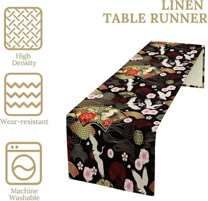Vintage Oriental Cranes Table Runner Chinese Japanese Cherry Peony Flowers Spring Seasonal Holiday Dinner Runner for Wedding Party Kitchen Dining Decor 13x120in