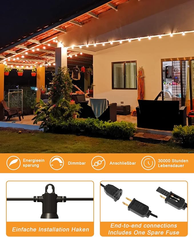 Zuske Outdoor String Lights, 50FT Patio Lights with 27 Shatterproof G40 Globe Bulb(2 Spare), Waterproof Connectable Dimmable LED Hanging Lights for Outside Backyard Porch Balcony Gazebo, 2700K