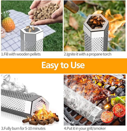 Pellet Smoker Tube Set, 6" & 12" Stainless Steel BBQ Wood Smoker Tube with Brush and 2 Hooks for 2.5hrs/5hrs of Billowing Cold/Hot Smoking for All Grills or Smokers, Smoking Cheese Beef Nuts Fish