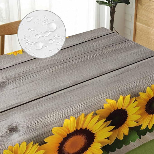 Sunflowers Decorative Tablecloth, Retro Wooden Board Sunflowers Kitchen Table Cover Oblong 52"X70" Tablecloths Dining Table Cloth Buffet Parties Patio and Camping Yellow