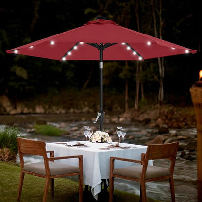 MASTERCANOPY 7.5FT 6Ribs Patio Umbrella with 32 Solar LED Lights, Outdoor Market Umbrella with Tilt & Crank, UV Protection & Fade Resistant Fabric, Easy Set-Up for Garden, Deck, Pool (Burgundy)