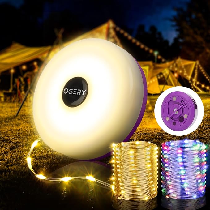 OGERY Camping String Lights 4 in 1, 32.8FT Quick Storage 8 Modes Protable | Rechargeable Fairy Tent Lights String , Hanging Waterproof LED Lamp for Outdoor Indoor Patio Awning Decor Camping Essentials