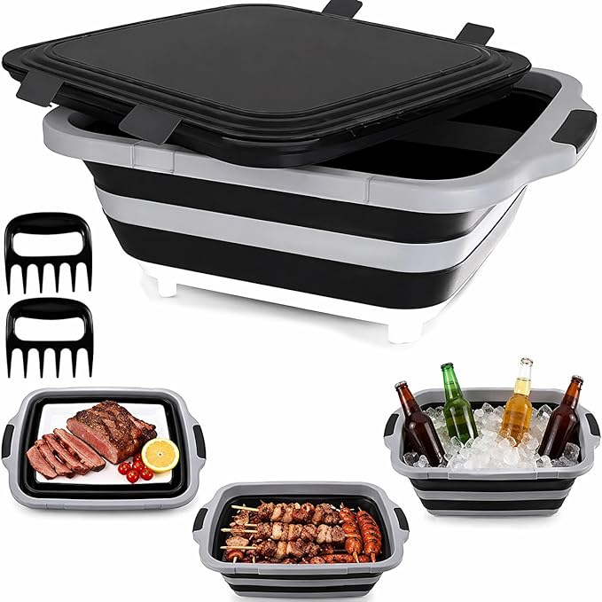 16L BBQ Prep Tub with 2 Pcs Meat Shredder Claws, Collapsible Cutting Board, Cutting Board with Locking Lids, Drip Easy BBQ Prep Tub with lid-XL Size (Black)