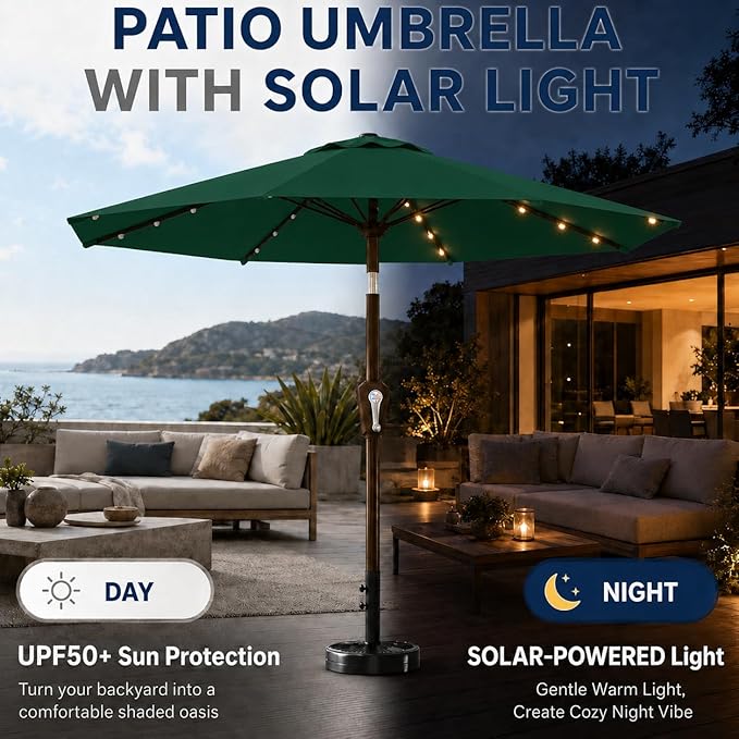 10FT Solar Patio Umbrella with Lights, Outdoor Table Market Umbrella with 32 LED Lights, 8 Sturdy Ribs, Push Button Tilt and Crank for Pool, Deck and Garden, UV-Resistant