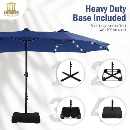 15ft Patio Umbrella with Solar lights & Base, Large Umbrellas, Haze Blue | HERA'S PALACE Rectangle Double Market Umbrella with 36 LED Lights, Big Outdoor Umbrellas for Pool Picnic Inground Yard Deck