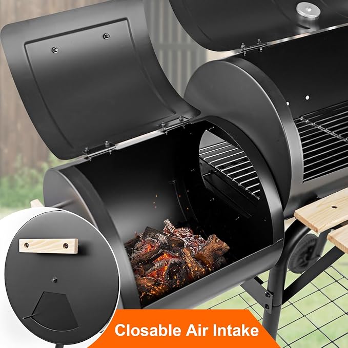 Charcoal Grills with Offset Smoker & Thermometer, Barrel BBQ Grill & Smoker Combo, Spacious Barbecue Grill for Outdoor Backyard Camping Parties