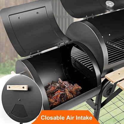 Charcoal Grills with Offset Smoker & Thermometer, Barrel BBQ Grill & Smoker Combo, Spacious Barbecue Grill for Outdoor Backyard Camping Parties